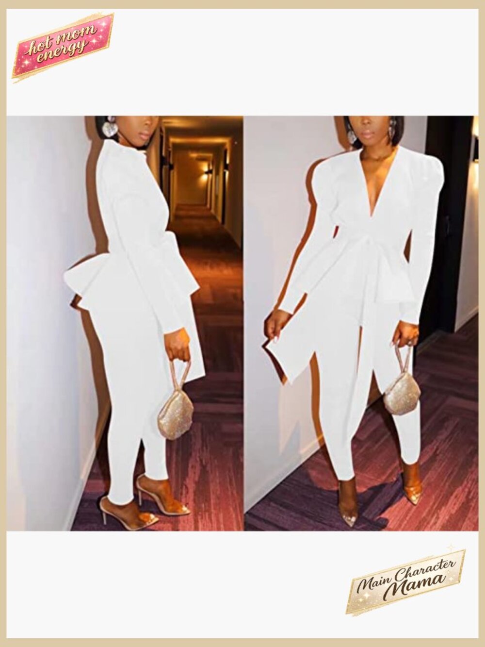 2 Piece Blazer with Pants Deep V Long Sleeve Slim Fit Ruffle Hem Business Suit - Picture 3 of 7